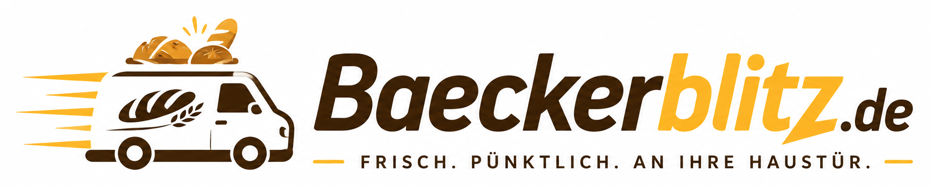 Bäckerblitz.de Logo mit Lieferwagen und dem Claim Frisch. Pünktlich. An Ihre Haustür.